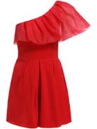 Romwe One-shoulder Ruffle Red Jumpsuit