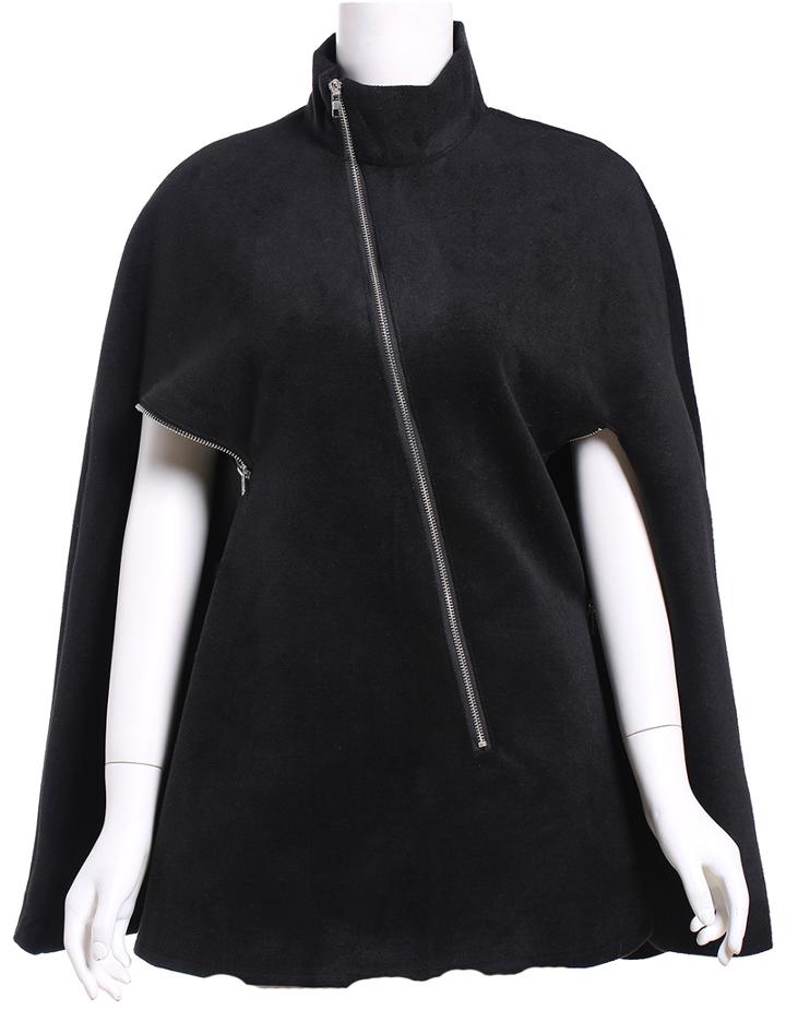 Romwe High Neck Oblique Zipper Coat