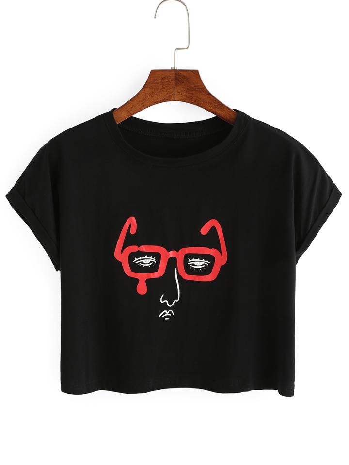 Romwe Glasses Man Print Crop T-shirt - Black