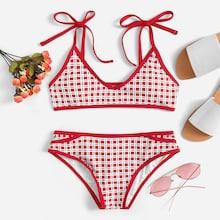 Romwe Plaid Self Tie Bikini Set
