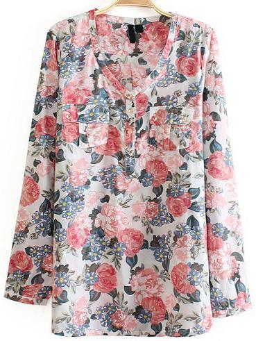 Romwe V Neck Florals Pockets Pink Blouse