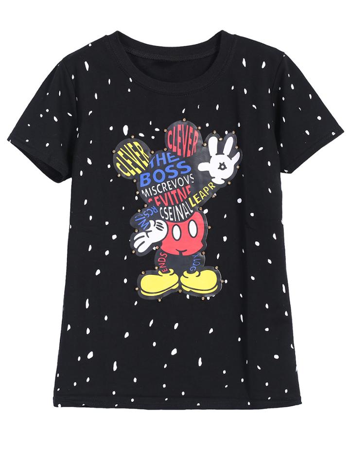Romwe Bead Mickey Print Black T-shirt