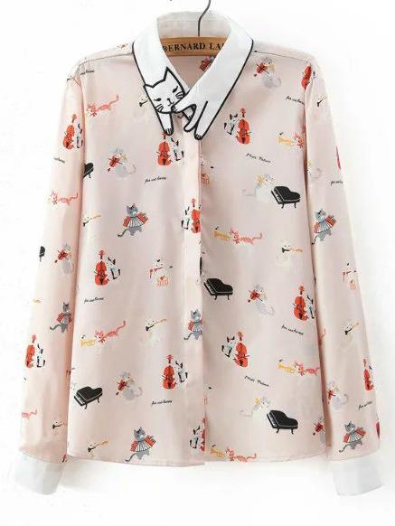 Romwe Apricot Embroidered Collar Cat Print Blouse