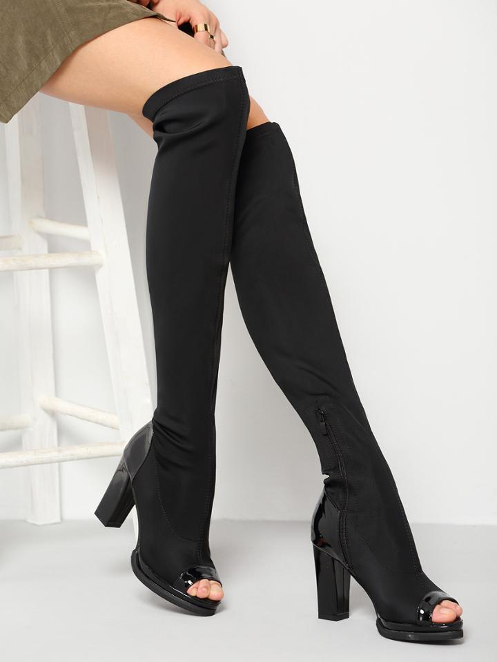 Romwe Black High Heel Peep Toe High Boots