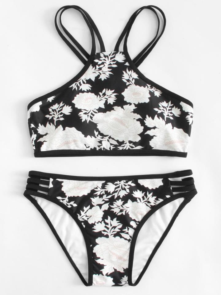 Romwe Ladder Cutout Floral Bikini Set