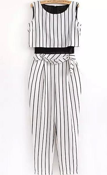 Romwe Vertical Striped With Belt White Jumpsuit