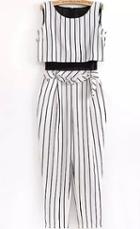 Romwe Vertical Striped With Belt White Jumpsuit