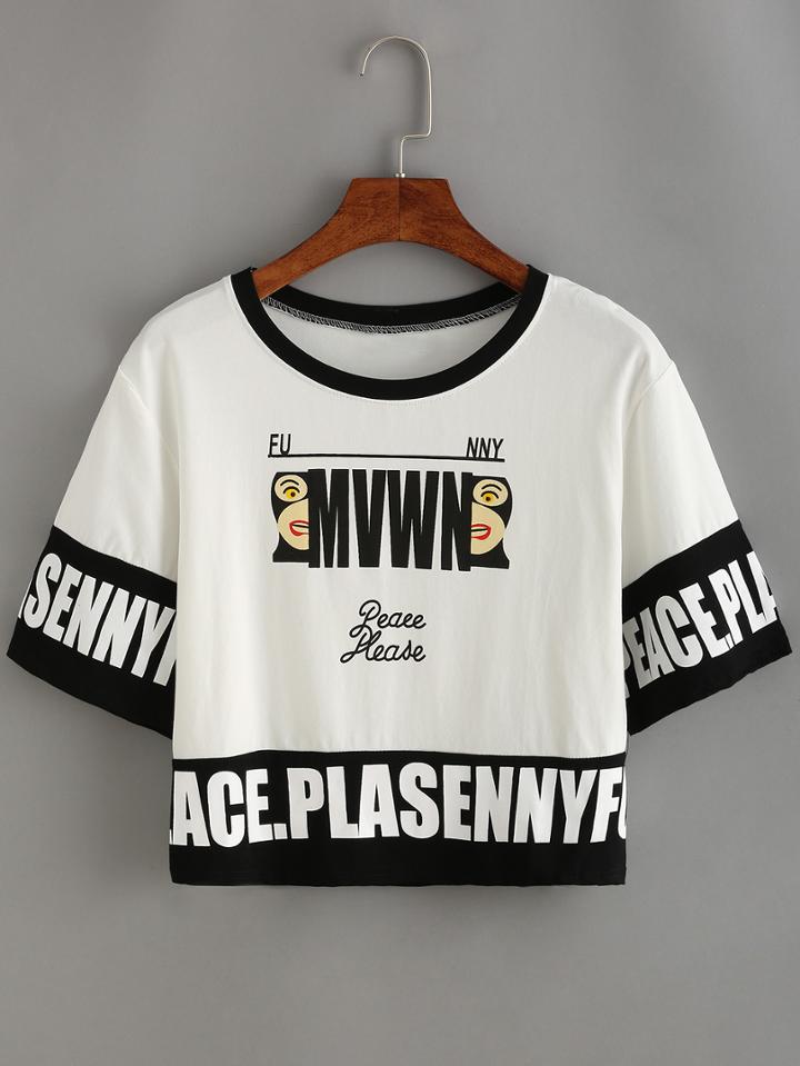 Romwe Contrast Letter Print Crop T-shirt - White