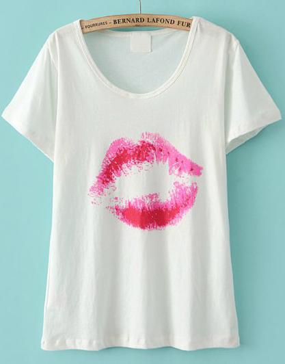 Romwe White Short Sleeve Red Lip Print T-shirt