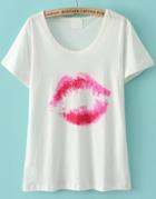 Romwe White Short Sleeve Red Lip Print T-shirt