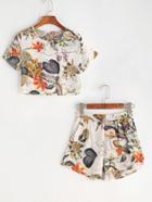 Romwe Tropical Print Keyhole Back Top With Shorts
