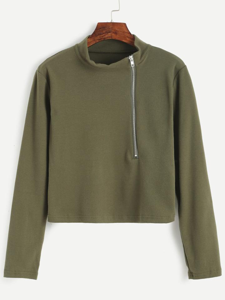 Romwe Army Green Mock Neck Zip Front T-shirt