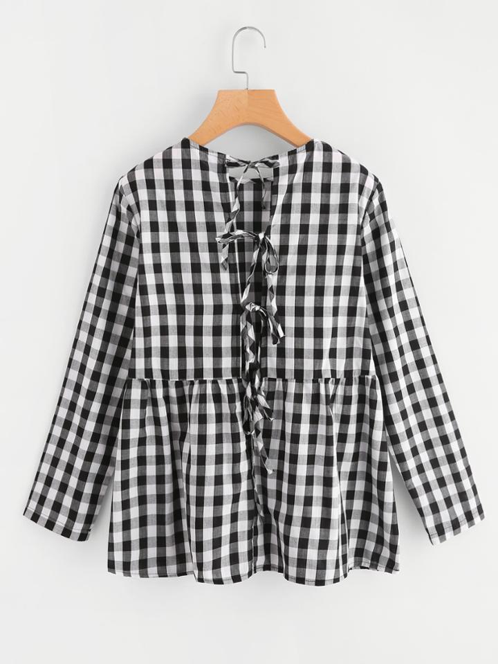 Romwe Tie Open Back Checked Frill Hem Top
