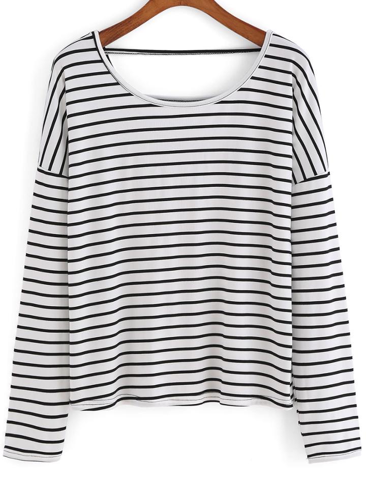 Romwe Backless Striped Loose T-shirt