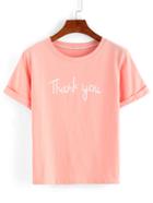 Romwe Letter Print Rolled Sleeve T-shirt - Pink