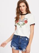 Romwe Contrast V Cutout Neck Lace Trim Rose Print Tee