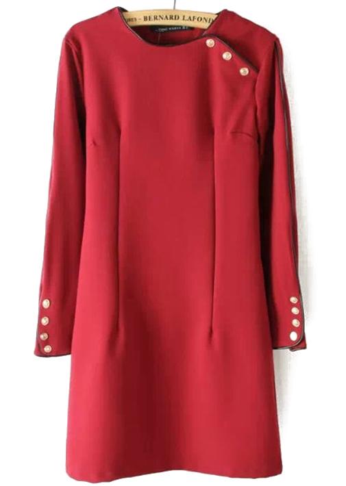 Romwe Buttons Contrast Pu Leather Red Dress