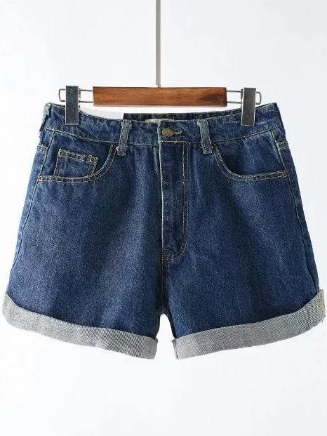 Romwe Blue Roll Cuff Denim Shorts