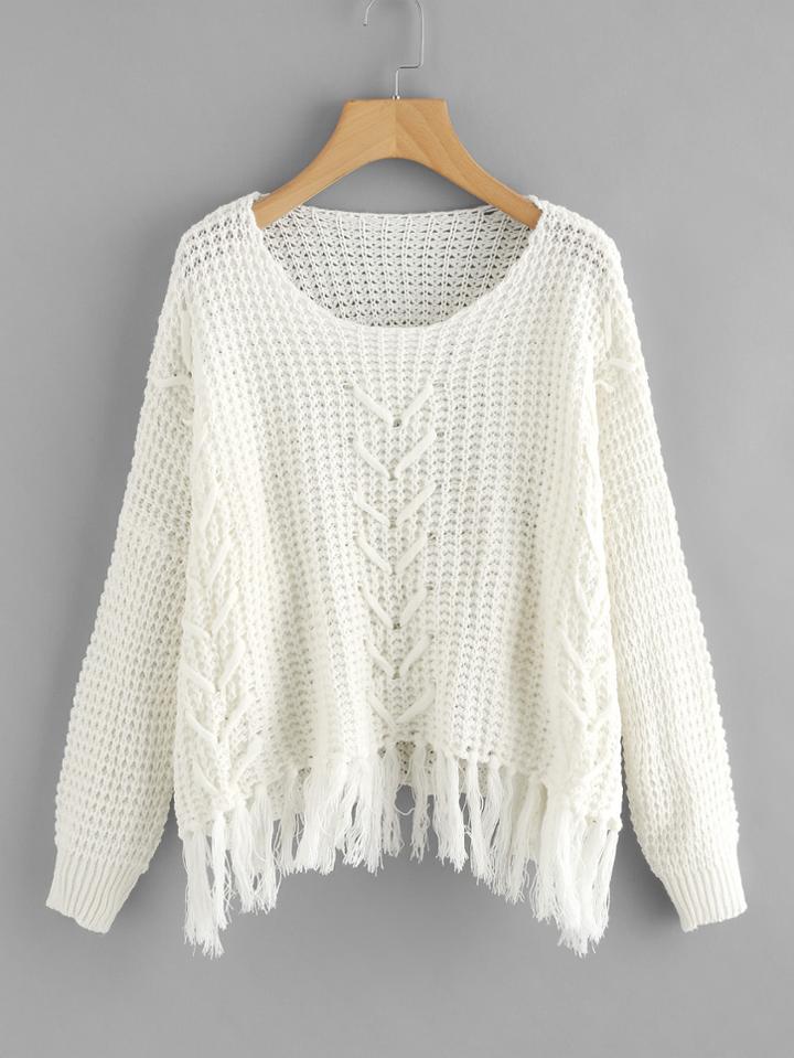 Romwe Drop Shoulder Fringe Hem Waffle Knit Sweater