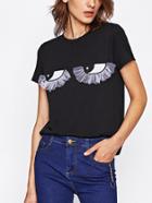 Romwe Eye Embroidery Patch Mesh Embellished Top