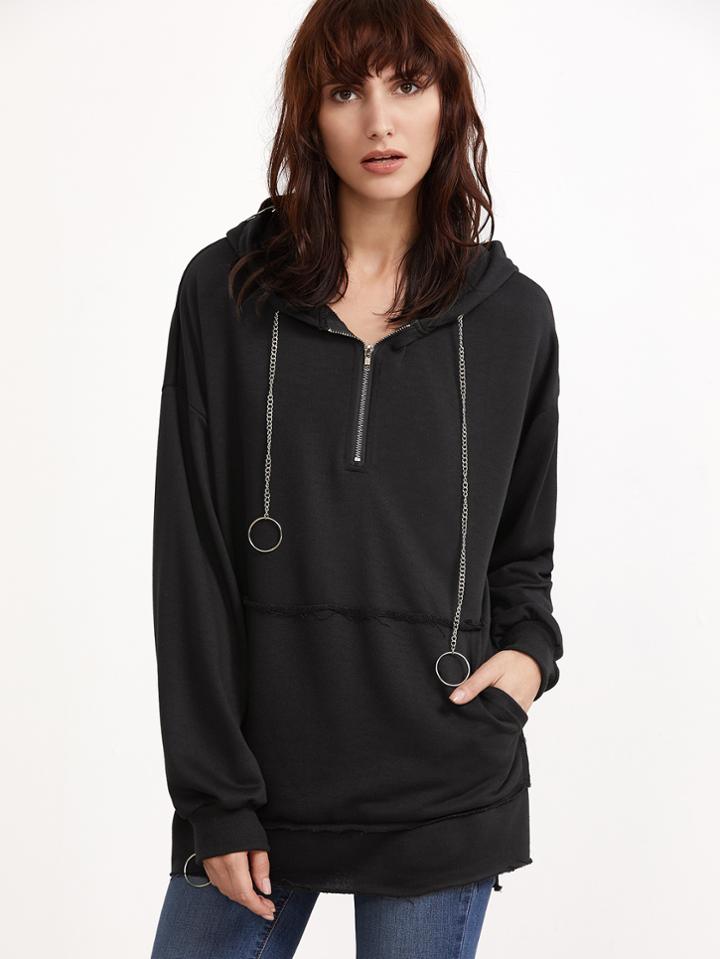 Romwe Frayed Trim Zip Ring Accent Chain Drawstring Hooded Sweatshirt
