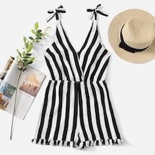 Romwe Tie Shoulder Frill Hem Striped Romper