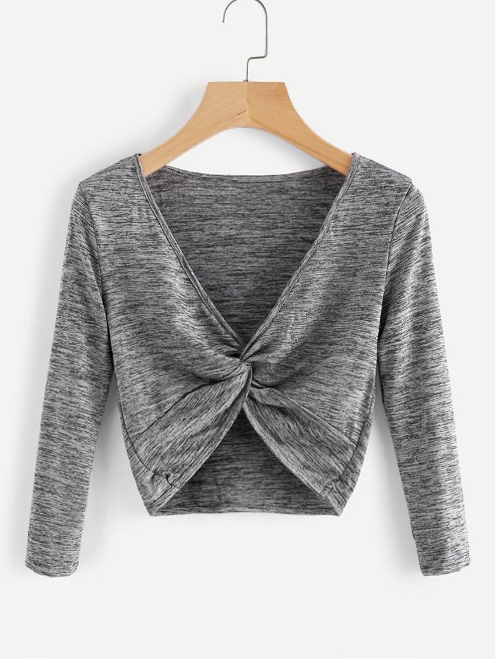 Romwe V Neckline Twist Front Slub Tee