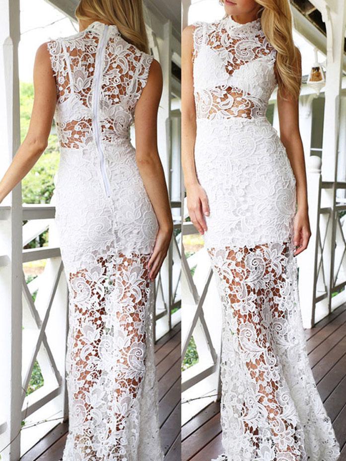 Romwe White Mock Neck Lace Zipper Maxi Dress