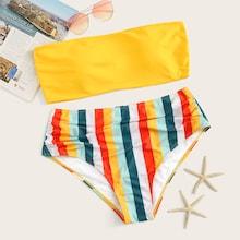 Romwe Plus Bandeau With Striped High Waist Bikini