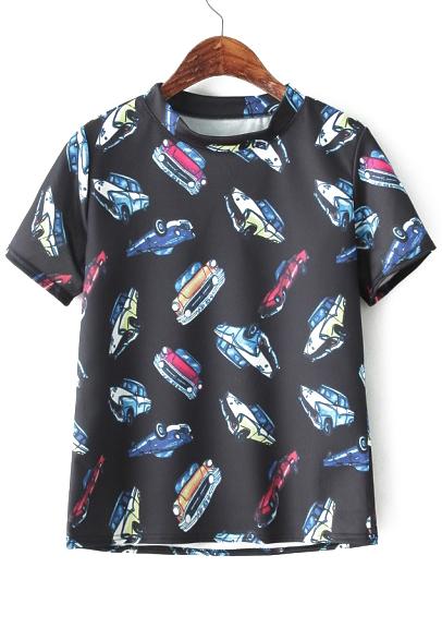 Romwe Stand Collar Cartoon Car Print Black T-shirt