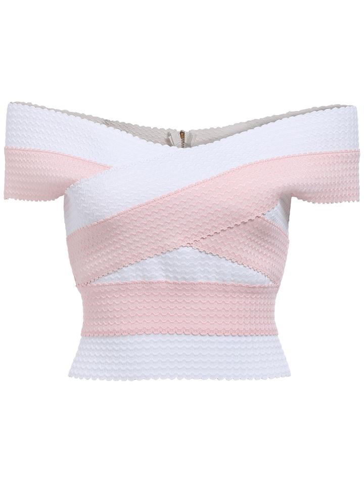 Romwe Off-shoulder Striped Crop Pink White Top