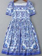 Romwe White And Blue Porcelain A-line Dress