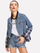 Romwe Plaid Contrast Drop Shoulder Denim Jacket