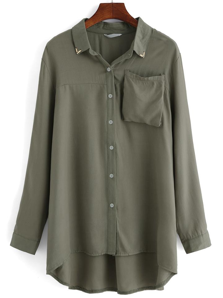 Romwe Lapel High Low Pocket Army Green Blouse