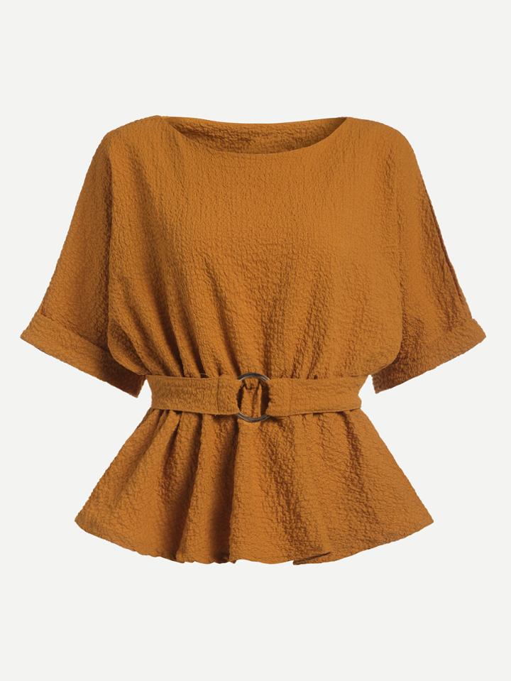 Romwe Khaki Dolman Sleeve Cuffed Blouse With Belt