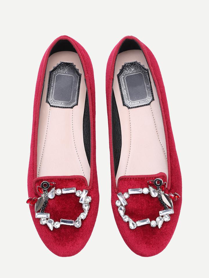 Romwe Burgundy Gem Embellished Velvet Flats