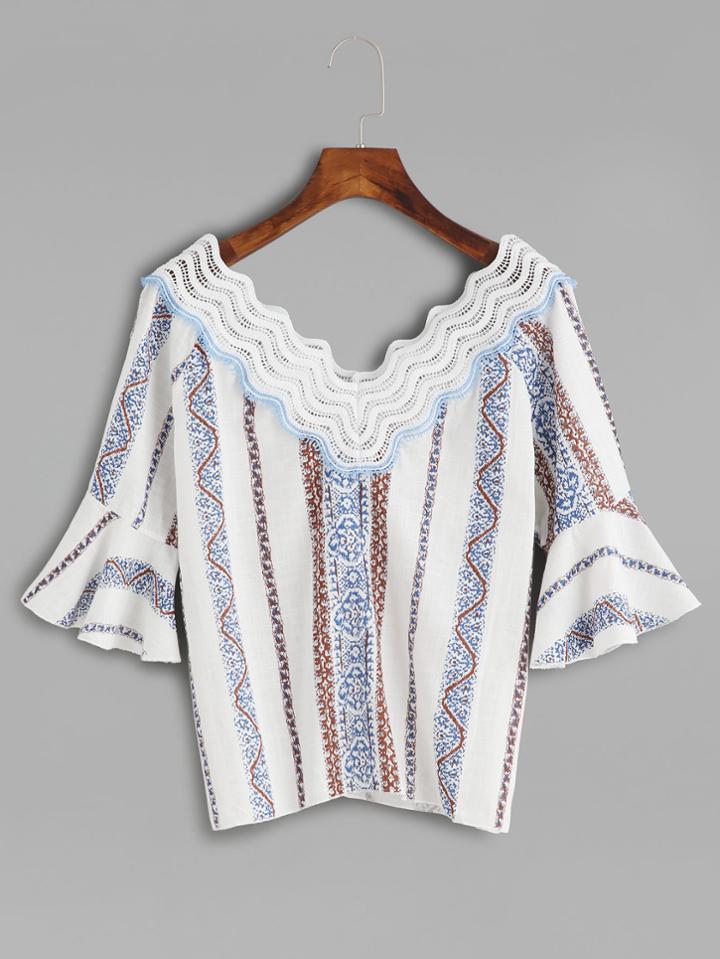 Romwe Tribal Print Lace Crochet V Neck Bell Sleeve Blouse