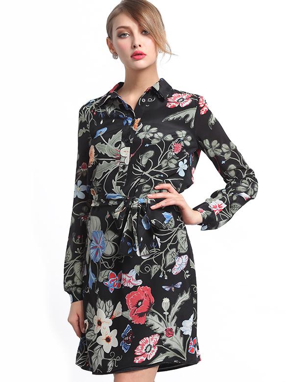 Romwe Multicolor Lapel Long Sleeve Tie-waist Print Dress