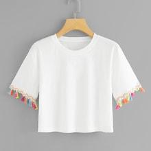 Romwe Fringe Trim Sleeve Crop Tee