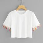 Romwe Fringe Trim Sleeve Crop Tee