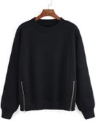 Romwe Black Round Neck Side Zippers Sweatshirt