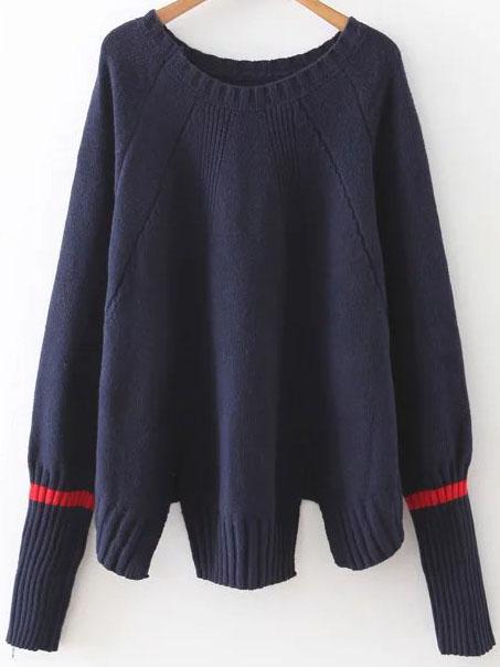 Romwe Navy Ribbed Trim Slit Raglan Sleeve Sweater