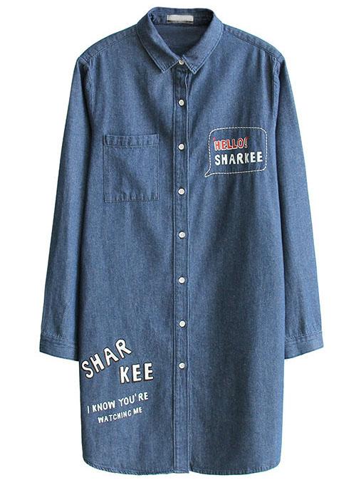 Romwe Blue Letter Print Single Breasted Long Denim Coat