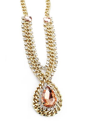 Romwe Pink Drop Gemstone Gold Crystal Chain Necklace