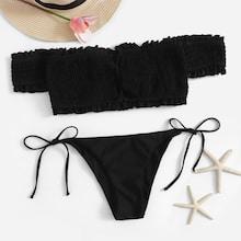 Romwe Smocked Bardot Top With Tie Side Bikini