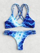 Romwe Water Wave Print Braided Strap Bikini Set