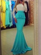 Romwe Contrast Lace Peplum Waist Bow Mermaid Turquoise Dress
