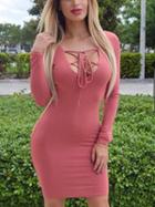 Romwe Long Sleeve Lace Up Bodycon Red Dress
