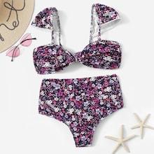 Romwe Calico Print Knot Front Top With Ruched Bikini