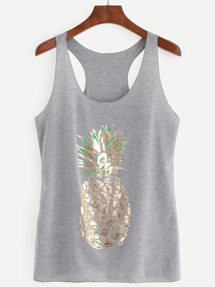 Romwe Grey Glitter Pineapple Print Tank Top